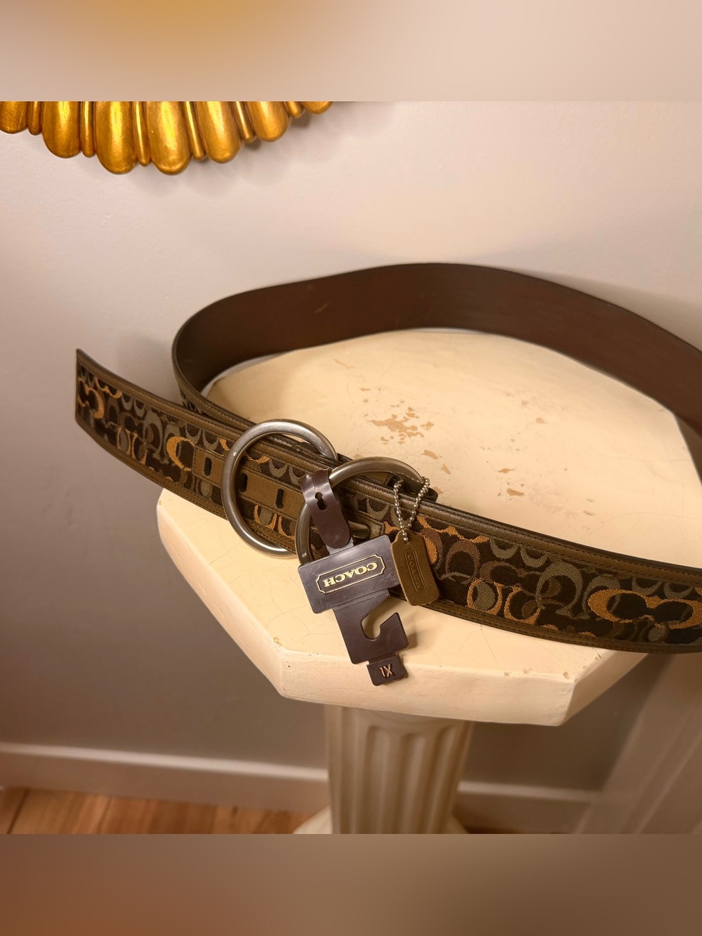 Coach Genuine Leather Belt with Iconic Green/Brown/Tan Fabric. NWT, Sz. XL - Picture 2 of 5